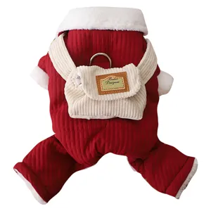 Winter warm four-legged pet corduroy clothes with bag and leash ring for small dogs.
