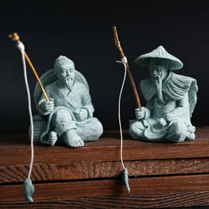Statuette di pescatore Jiang Taigong in resina, animale da tè, decorazione per giardino roccioso.