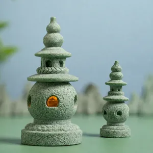Green sandstone pagoda ornament set zen micro landscape aquarium decor fish tank accessory