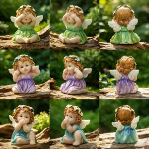 Resin angel figurine tabletop ornament cute flower fairy statue for garden decor gift.
