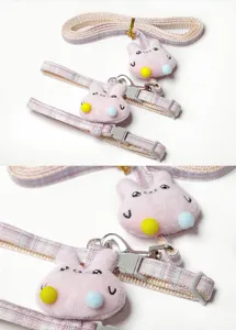 Pink plaid cat leash with cute 3D plush rabbit, anti-escape design for kittens and small dogs.