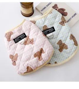 Cute bear checkered dog winter vest with D-ring, warm fleece lined pet clothing for cold days.