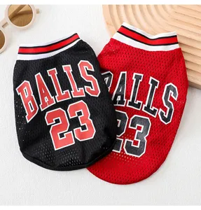 Detailed shot of breathable mesh pet basketball vest for small dogs, stylish black and red.