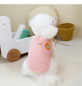 Cute pink plush dog vest for autumn and winter, warm fleece pet clothes with D-ring.
