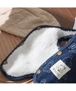 Gros plan sur les détails du gilet en denim pour chien, doublure polaire et boutons solides.