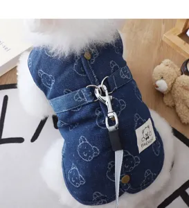 Gilet en jean chaud pour chien avec anneau de laisse vetement en peluche pour petits chiens