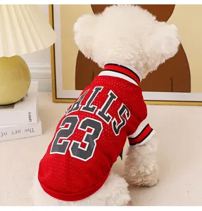Breathable mesh pet basketball jersey for small dogs in red with Bulls 23 print, perfect summer wear.