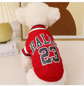 Breathable summer pet vest for small dogs, featuring a sporty basketball mesh design with letters.