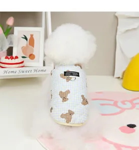 Cute winter warm dog vest with sweet blue plaid and cute bear pattern for small pets daily wear.