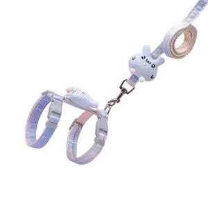 Cute plaid pet cat dog harness and leash set with blue cartoon bunny plush doll decoration.