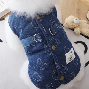 Gilet en jean chaud pour chien avec doublure polaire moelleuse et joli motif d'ours pour petits.