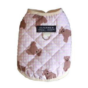 Cute pink plaid pet vest winter warm dog clothes featuring bear pattern and D-ring