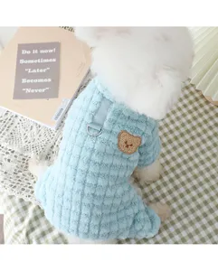 Warm winter dog fleece jumpsuit four-legged pet apparel with cute bear embroidery.