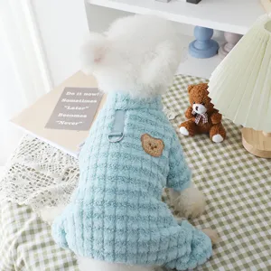 Cute winter dog fleece four-legged clothes warm soft pet jumpsuit with bear embroidery detail