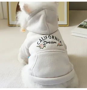 Cute small dog hoodie winter warm fleece pet clothes with back pocket and embroidery detail.