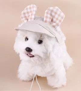 Cute plaid bunny ears pet sun hat detail, perfect for small dogs and cats outdoor photo shoot style.