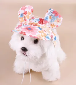 Cute floral pet sun hat with bunny ears for small dogs and cats spring summer outdoor.