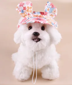 Close-up of cute floral bunny ear pet sun hat detail, showing soft fabric and strap.