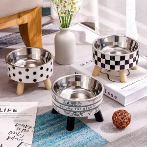Raised Pet Bowl Ceramic Stainless Steel Cat Dog Food Water Bowl With Wood Stand Pet Feeding Supplies