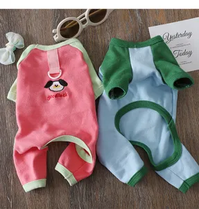 Spring thin four-legged pet clothes detail, cute cartoon puppy embroidery with metal D-ring.