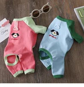 Spring summer thin pet dog clothes small dogs color block four-foot home jumpsuit with D-ring
