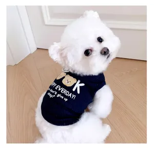 Summer cute small dog vest, dark blue ribbed fabric with lovely bear print and letters.