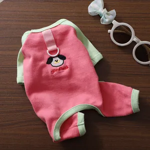 Cute small dog four-leg clothes spring summer thin pet home apparel with traction ring.