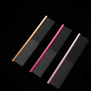 Pet grooming comb with double teeth for cats and dogs, removes loose hair and detangles well.