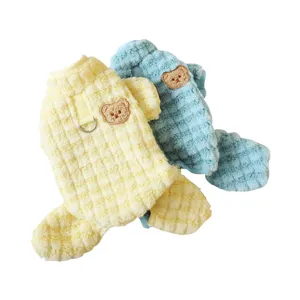 Cute warm dog winter fleece jumpsuit with cute bear embroidery and leash ring for pets.