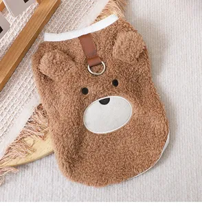 Cute brown bear pet fleece clothes for dogs, warm winter puppy sweater with leash ring.