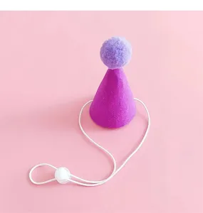 Cute purple pet birthday hat with pom-pom and adjustable elastic strap for cats and small dogs.