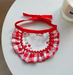 Cute red white checkered pet bib with ruffles bear cherry print cotton cat saliva towel