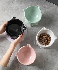 Détail de gamelles pour chat surélevées en céramique de couleur mignonne avec des oreilles.