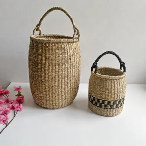 Vietnamese Handcrafted Woven Seagrass Storage Basket Natural Straw Bucket Basket With Handle For Home Organization And Picnic