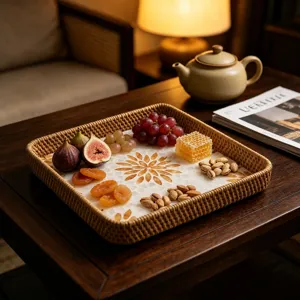 Handwoven rattan tray with shell mosaic pattern for fruit snack storage and home tea table decor