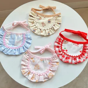 Cute Pet Bib Saliva Towel Lace Ruffle Cartoon Bear Cherry Print Cat Collar Pet Accessories For Small Dogs Cats Daily Wear