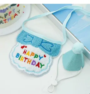 Cat birthday costume pet bib and hat set detail view, blue plush neckerchief decoration.