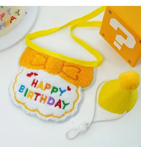 Cute pet birthday bib and hat set with colorful embroidery for cats and dogs party wear.