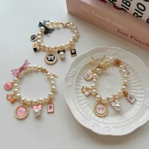 Pearl dog necklace vintage bow charm cute pet collar for puppy small dogs accessories fashion