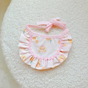 Cute pink pet cat bib with frills and bear print, soft cotton neck accessory for kittens.