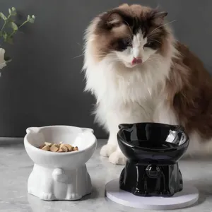 Mignonne Gamelle pour Chat en Céramique Bol d'Eau de Nourriture pour Animaux Élevé Grand Calibre Protection de la Colonne