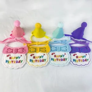 Cute pet birthday party costume set with cone hat and embroidered bib for cats dogs.