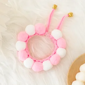 Cute pink white pom pom cat collar with bells adjustable cute pet neck accessory necklace