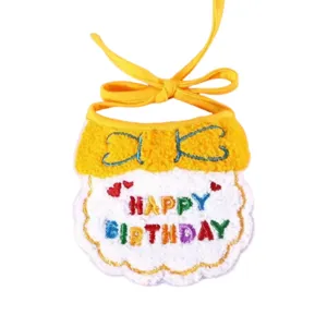 Cute pet birthday bib cat dog party saliva towel with cute embroidery and adjustable tie straps.