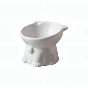 Gamelle pour chat surélevée en céramique blanche avec oreilles mignonnes, bol ergonomique.