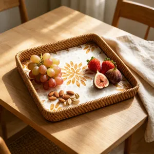 Handmade woven rattan serving tray with shell mosaic pattern for home decoration and food storage.