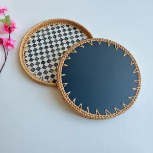 Handcrafted rattan shell serving tray round decorative fruit snack storage tray table organizer