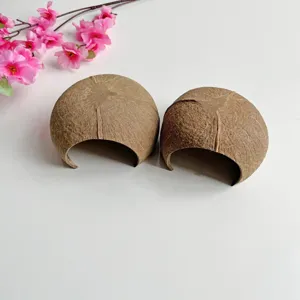 Dettaglio rifugio per criceti in guscio di noce di cocco, grotta perfetta per piccoli animali.