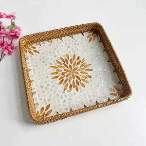 Rattan woven tray with shell mosaic pattern, square decorative storage basket for home use.