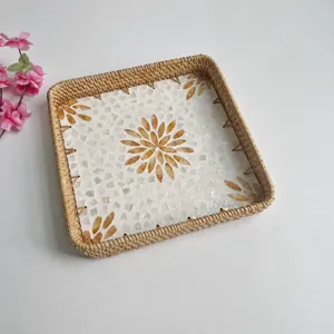 Rattan woven shell mosaic tray square decorative basket for fruit snack storage and tea serving
